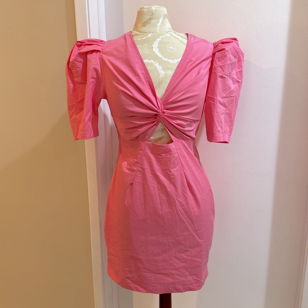 Mable Pink Twisted Front Cut Out Puff Short Sleeve Lined Midi Zip Up Dress S